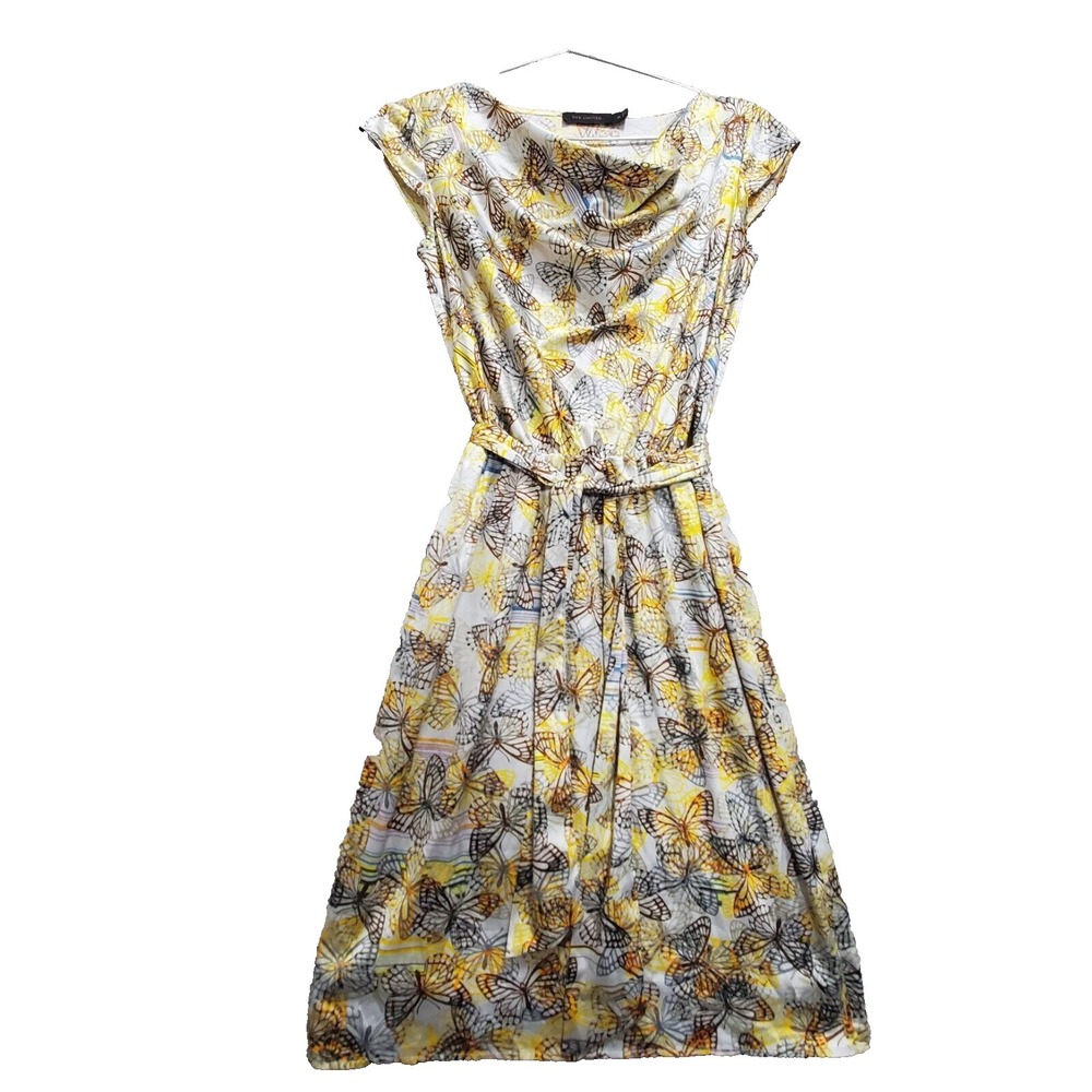 The Limited Fit &Flare Dress Women XS Yellow Multi Butterfly Print Satin Belted